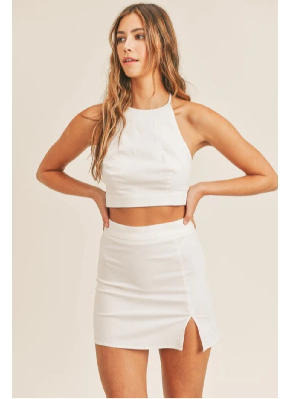 Mable Matching Set Womens Halter Crop Top Mini Skirt Summer Chic Beige Size M